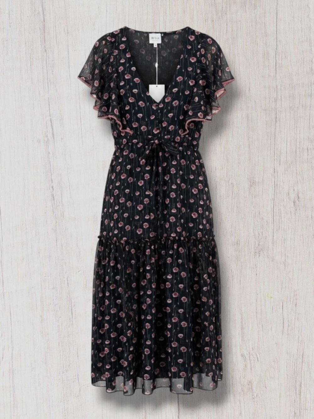 MISA‎ Los Angeles Floral Viscose Ruched Flutter Sleeve Midi Dress S